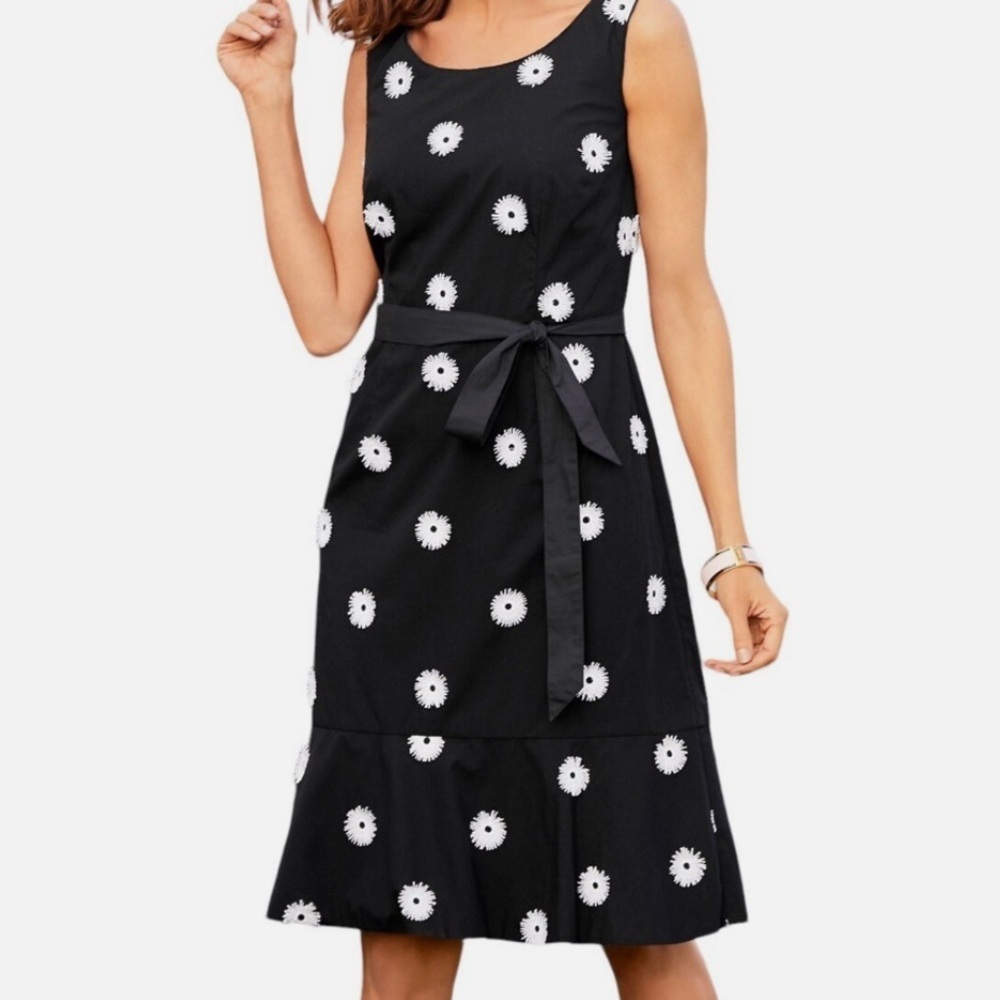 EUC Talbots 12P Petite Black & White Daisy-Dot Dress — Tie-Waist, Flounce Hem - Picture 2 of 8
